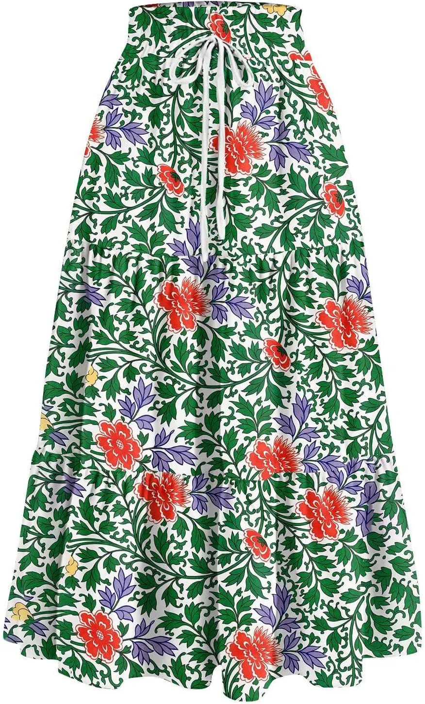 Summer Skirts for Women 2025 Vacation Boho Floral Tiered Skirt Drawstring High Waisted Flowy Ruffle A Line Skirt