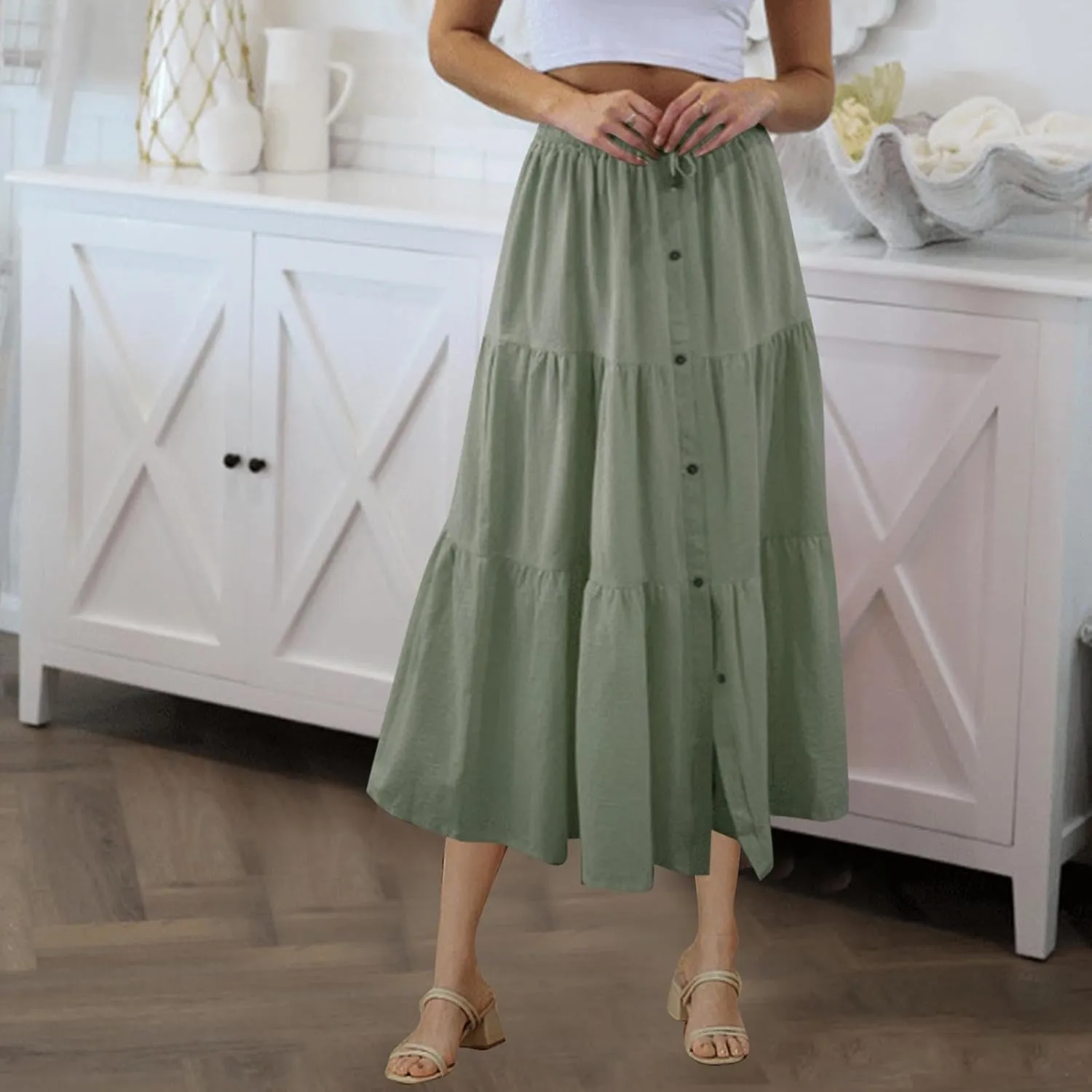 Summer Skirts for Women 2025 Vacation Skirts Elastic Waist Ruffle Skirts Casual Front Button Midi Skirt Pleated Skirt
