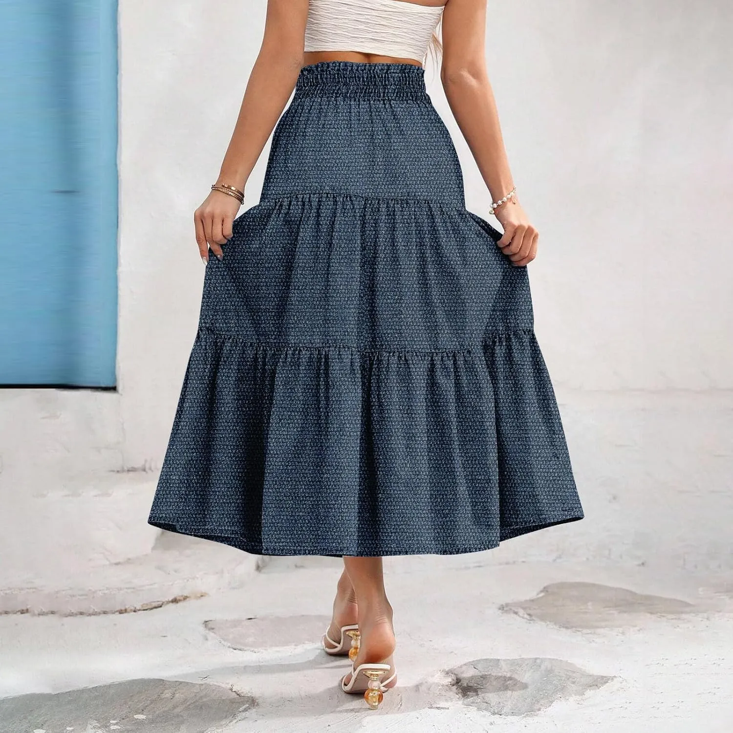 Summer Skirts for Women Midi Length Aline Ruffle Skirt Drawstring High Waisted Long Denim Skirts Casual Beach Outfits