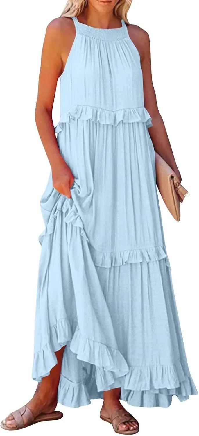 Summer Sleeveless Dress for Women Crew Neck Halter Tie Pleated Maxi Dress Flowy Ruffle Sun Dress for Beach Vacation