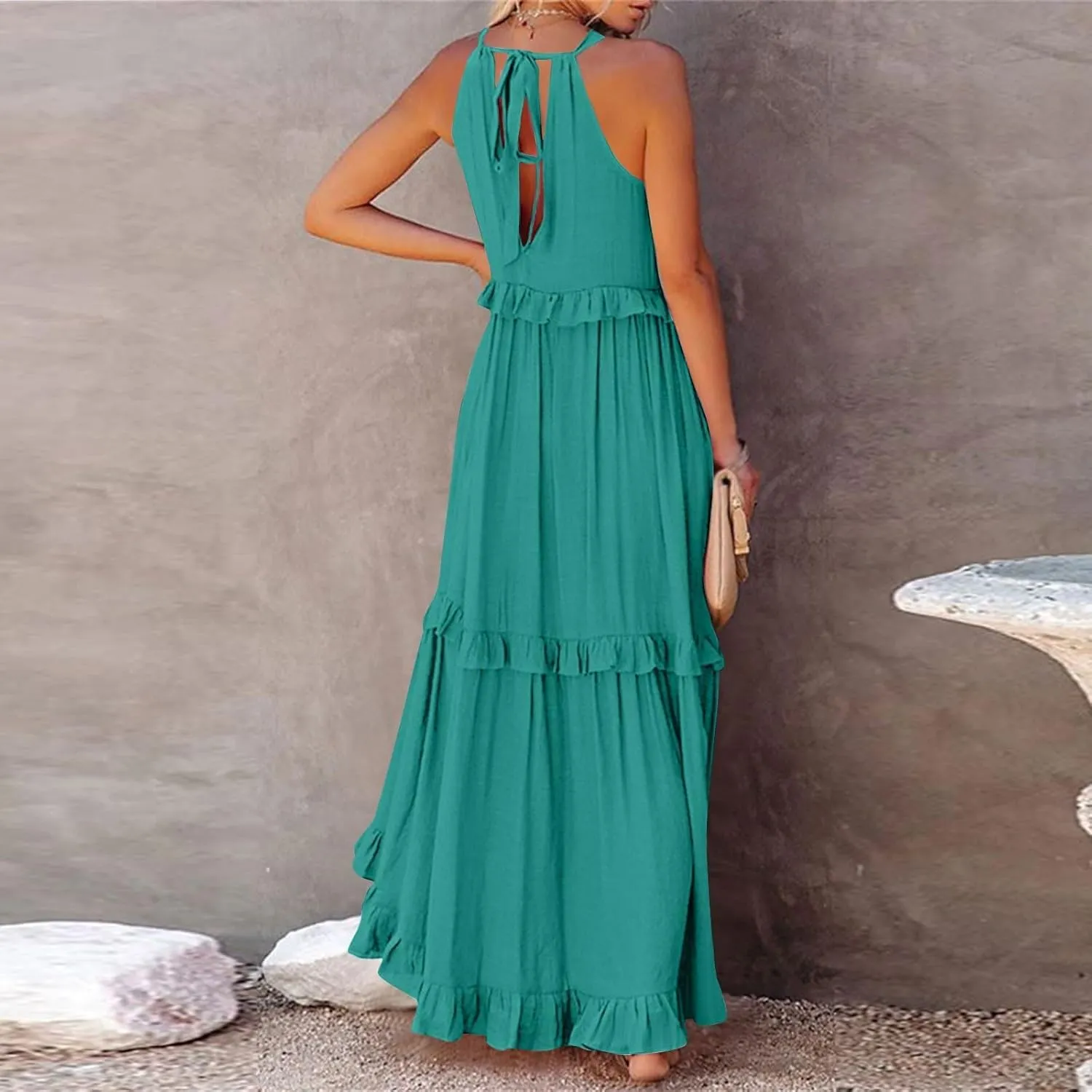 Summer Sleeveless Dress for Women Crew Neck Halter Tie Pleated Maxi Dress Flowy Ruffle Sun Dress for Beach Vacation