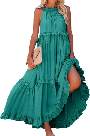 Summer Sleeveless Dress for Women Crew Neck Halter Tie Pleated Maxi Dress Flowy Ruffle Sun Dress for Beach Vacation