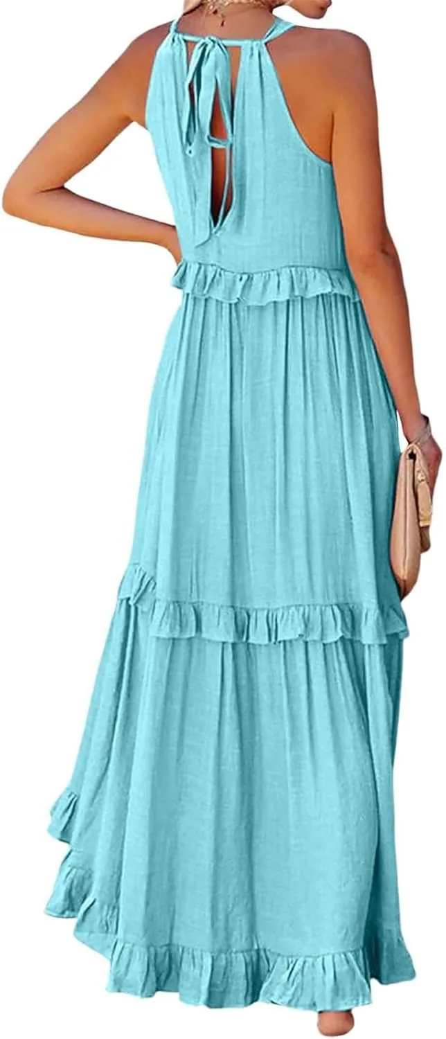Summer Sleeveless Dress for Women Crew Neck Halter Tie Pleated Maxi Dress Flowy Ruffle Sun Dress for Beach Vacation
