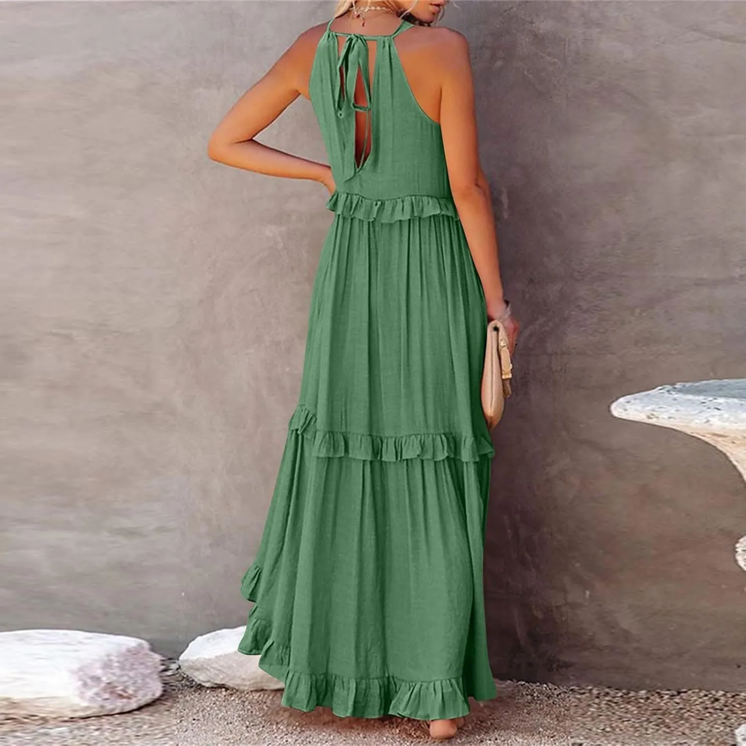 Summer Sleeveless Dress for Women Crew Neck Halter Tie Pleated Maxi Dress Flowy Ruffle Sun Dress for Beach Vacation