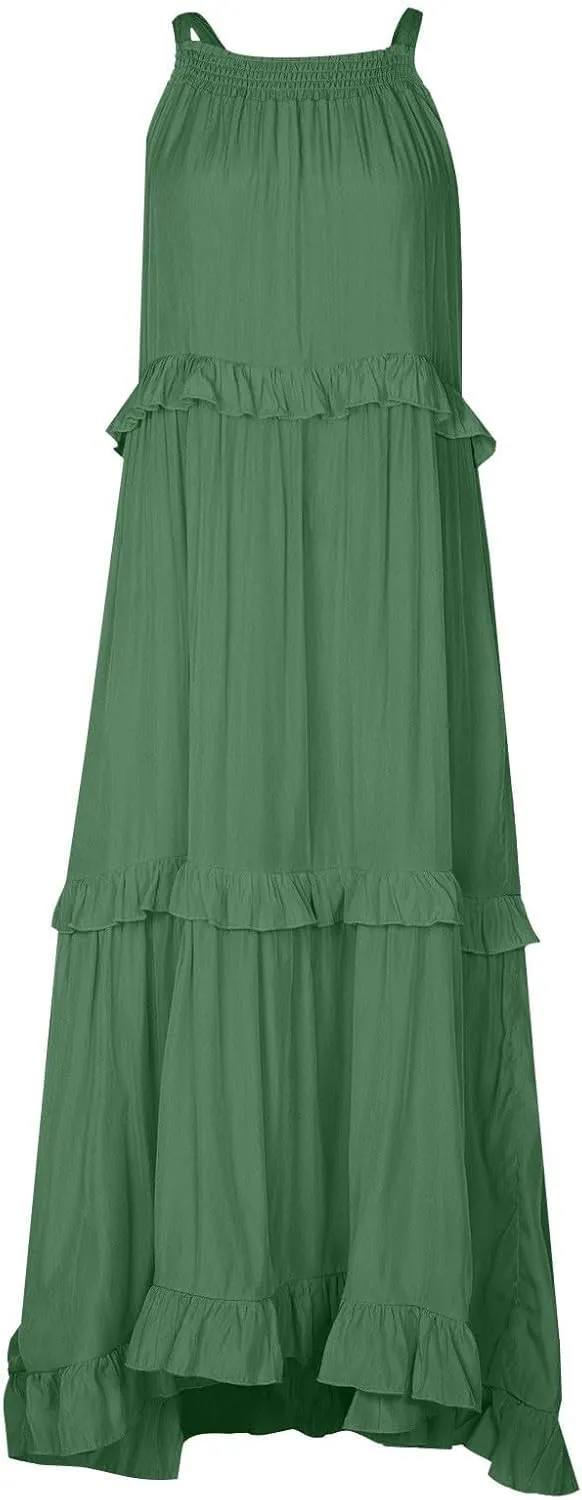 Summer Sleeveless Dress for Women Crew Neck Halter Tie Pleated Maxi Dress Flowy Ruffle Sun Dress for Beach Vacation
