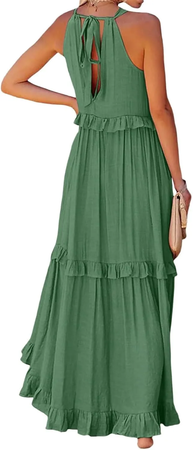 Summer Sleeveless Dress for Women Crew Neck Halter Tie Pleated Maxi Dress Flowy Ruffle Sun Dress for Beach Vacation