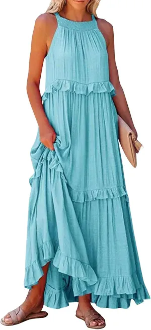 Summer Sleeveless Dress for Women Crew Neck Halter Tie Pleated Maxi Dress Flowy Ruffle Sun Dress for Beach Vacation