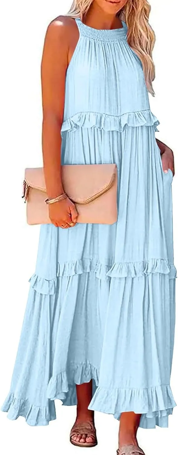 Summer Sleeveless Dress for Women Crew Neck Halter Tie Pleated Maxi Dress Flowy Ruffle Sun Dress for Beach Vacation
