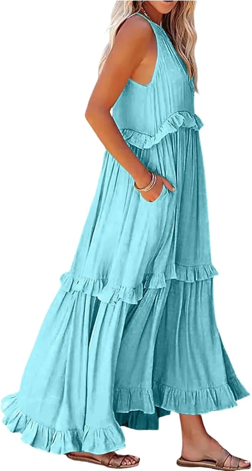 Summer Sleeveless Dress for Women Crew Neck Halter Tie Pleated Maxi Dress Flowy Ruffle Sun Dress for Beach Vacation