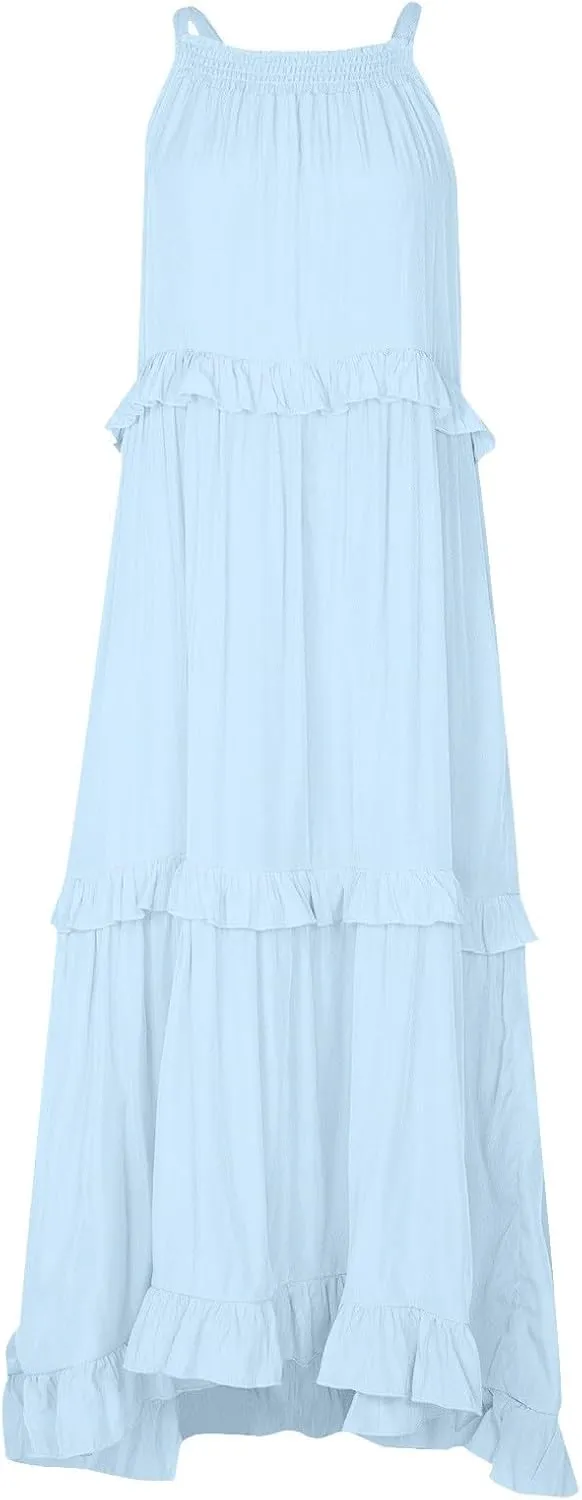 Summer Sleeveless Dress for Women Crew Neck Halter Tie Pleated Maxi Dress Flowy Ruffle Sun Dress for Beach Vacation