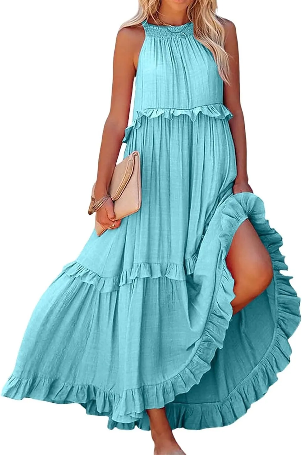 Summer Sleeveless Dress for Women Crew Neck Halter Tie Pleated Maxi Dress Flowy Ruffle Sun Dress for Beach Vacation