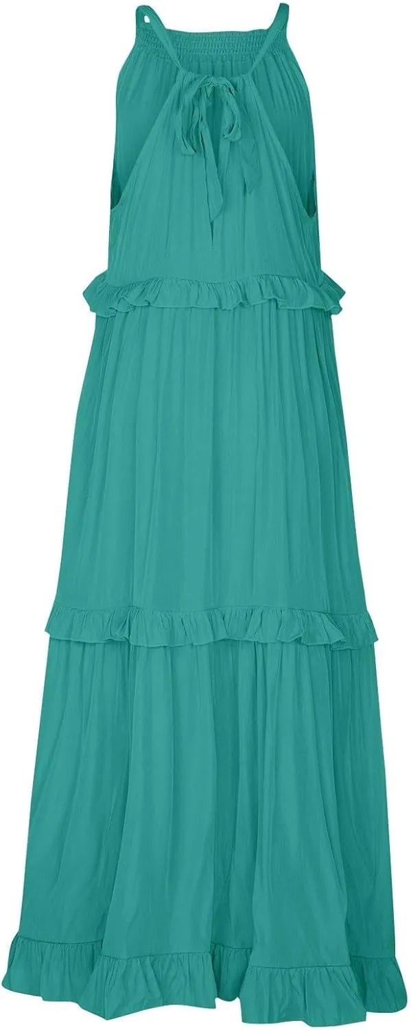 Summer Sleeveless Dress for Women Crew Neck Halter Tie Pleated Maxi Dress Flowy Ruffle Sun Dress for Beach Vacation