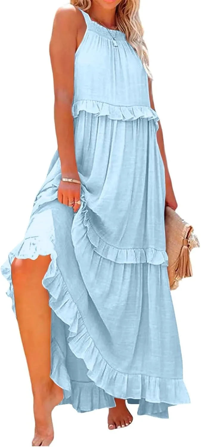 Summer Sleeveless Dress for Women Crew Neck Halter Tie Pleated Maxi Dress Flowy Ruffle Sun Dress for Beach Vacation