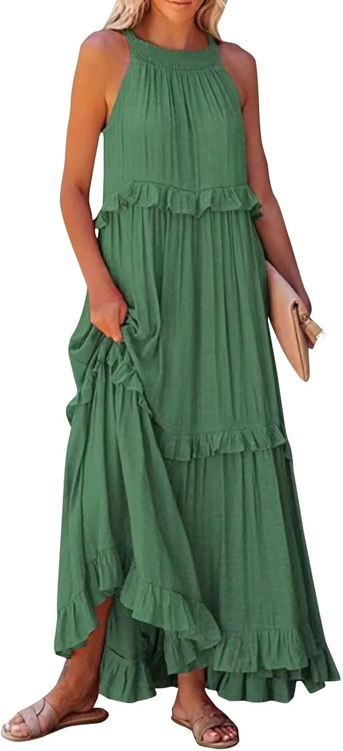 Summer Sleeveless Dress for Women Crew Neck Halter Tie Pleated Maxi Dress Flowy Ruffle Sun Dress for Beach Vacation