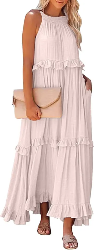 Summer Sleeveless Dress for Women Crew Neck Halter Tie Pleated Maxi Dress Flowy Ruffle Sun Dress for Beach Vacation