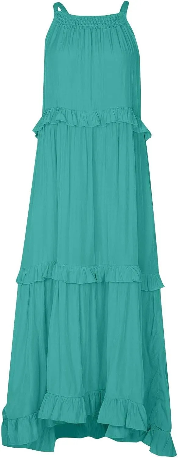 Summer Sleeveless Dress for Women Crew Neck Halter Tie Pleated Maxi Dress Flowy Ruffle Sun Dress for Beach Vacation