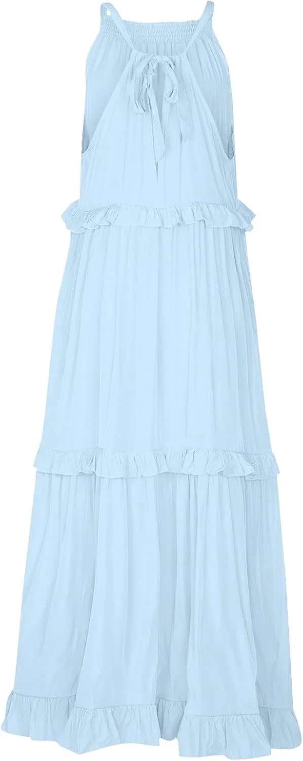 Summer Sleeveless Dress for Women Crew Neck Halter Tie Pleated Maxi Dress Flowy Ruffle Sun Dress for Beach Vacation