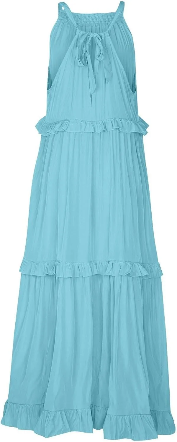 Summer Sleeveless Dress for Women Crew Neck Halter Tie Pleated Maxi Dress Flowy Ruffle Sun Dress for Beach Vacation