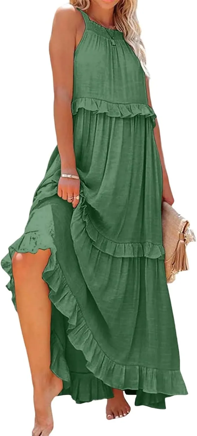 Summer Sleeveless Dress for Women Crew Neck Halter Tie Pleated Maxi Dress Flowy Ruffle Sun Dress for Beach Vacation
