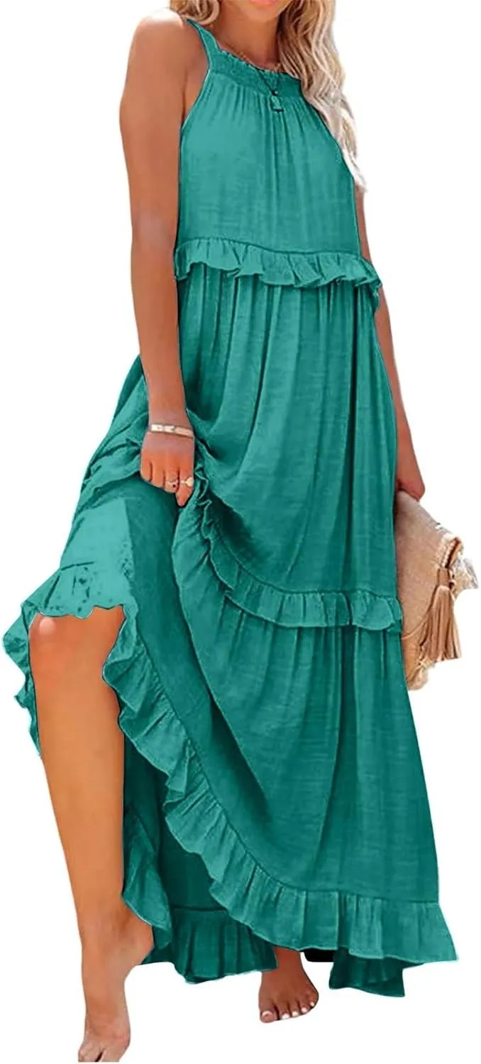 Summer Sleeveless Dress for Women Crew Neck Halter Tie Pleated Maxi Dress Flowy Ruffle Sun Dress for Beach Vacation