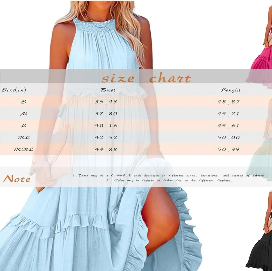 Summer Sleeveless Dress for Women Crew Neck Halter Tie Pleated Maxi Dress Flowy Ruffle Sun Dress for Beach Vacation