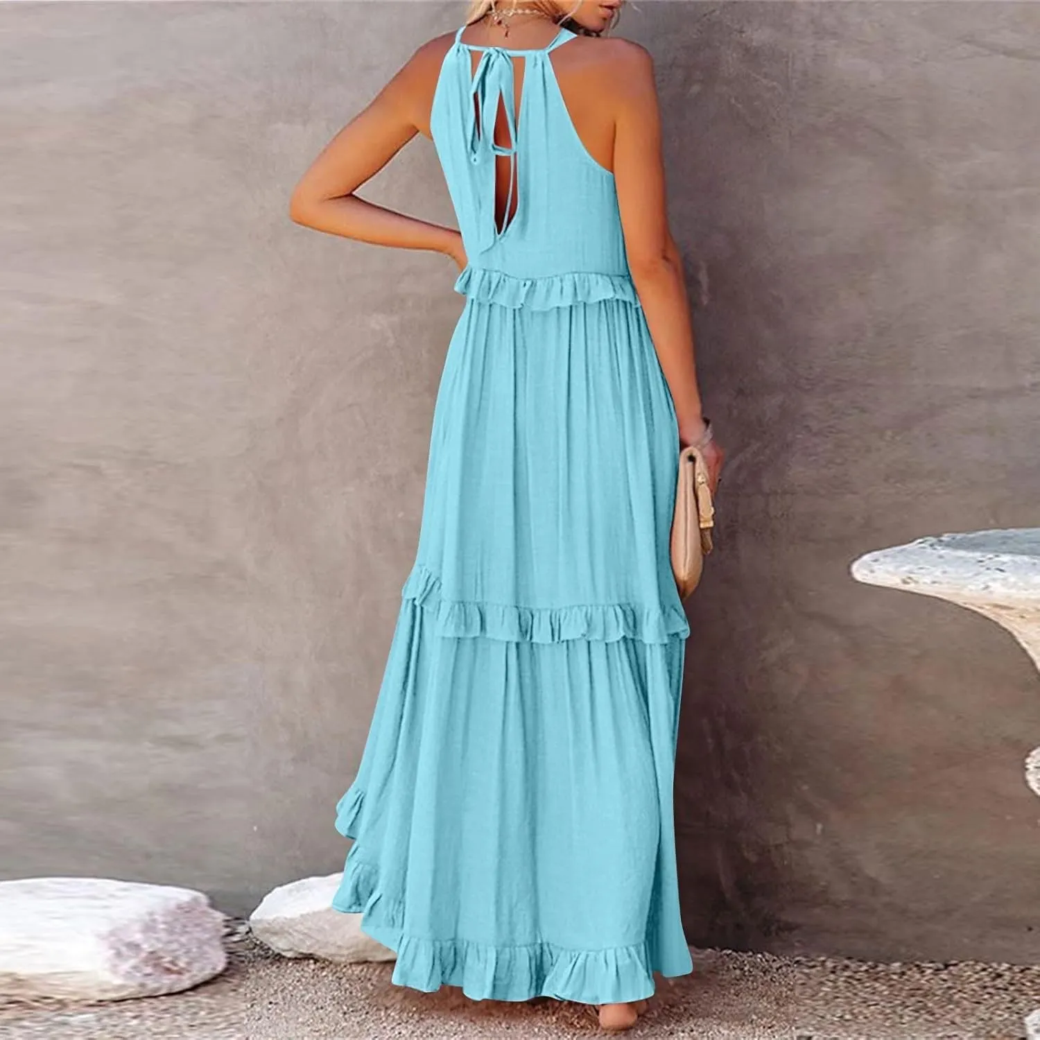 Summer Sleeveless Dress for Women Crew Neck Halter Tie Pleated Maxi Dress Flowy Ruffle Sun Dress for Beach Vacation