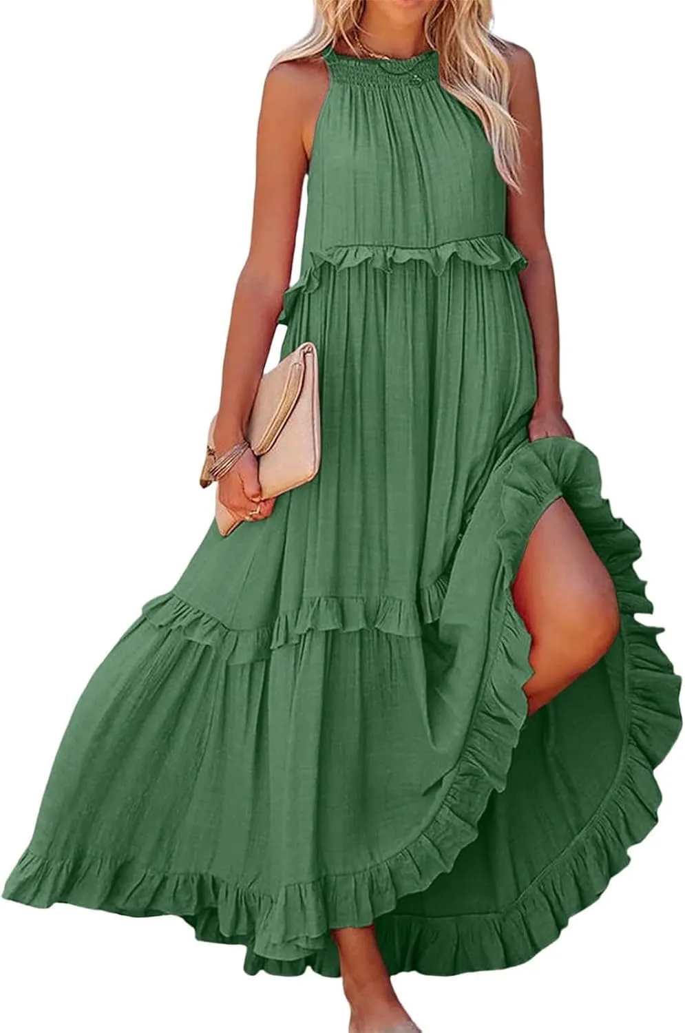 Summer Sleeveless Dress for Women Crew Neck Halter Tie Pleated Maxi Dress Flowy Ruffle Sun Dress for Beach Vacation