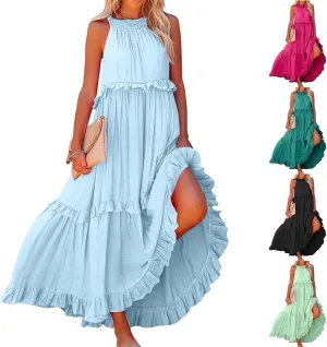 Summer Sleeveless Dress for Women Crew Neck Halter Tie Pleated Maxi Dress Flowy Ruffle Sun Dress for Beach Vacation