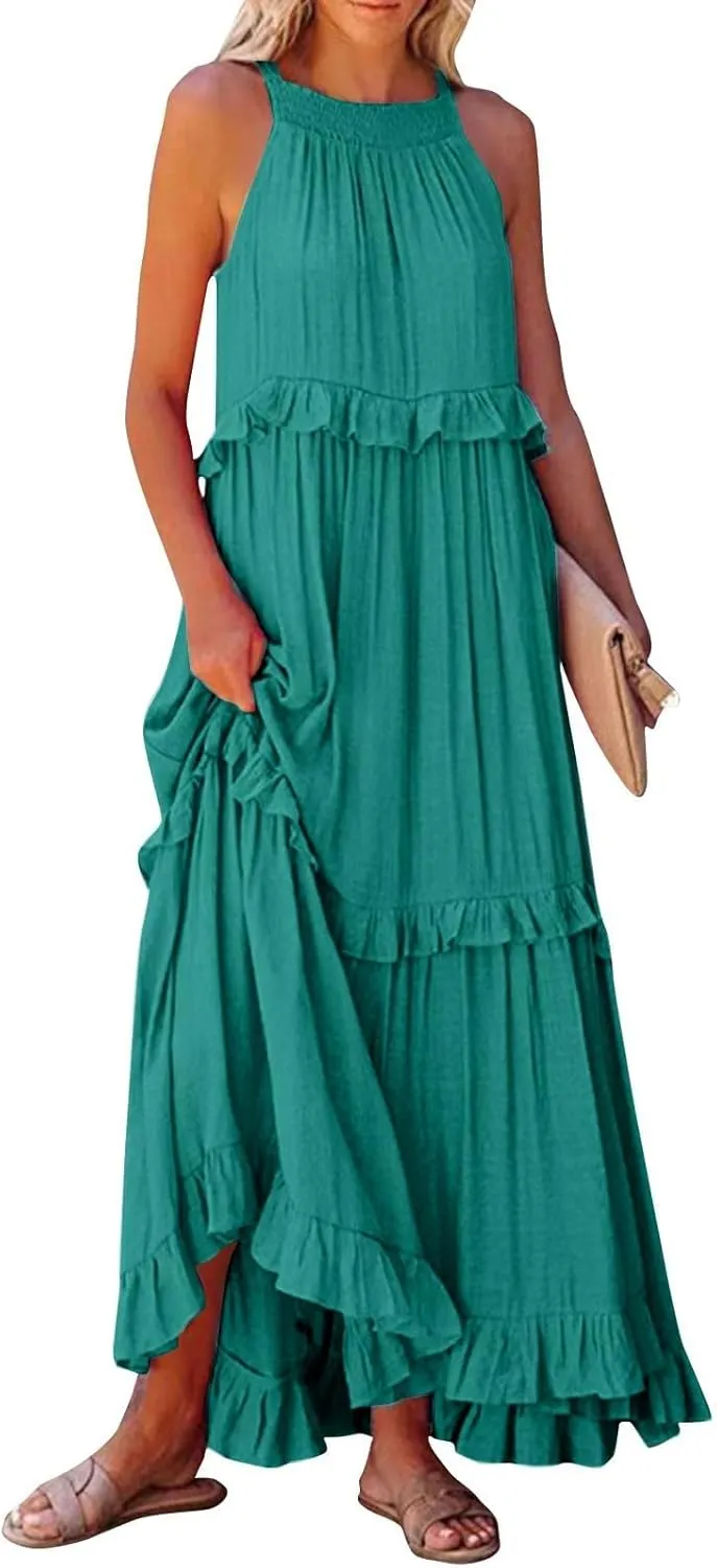 Summer Sleeveless Dress for Women Crew Neck Halter Tie Pleated Maxi Dress Flowy Ruffle Sun Dress for Beach Vacation