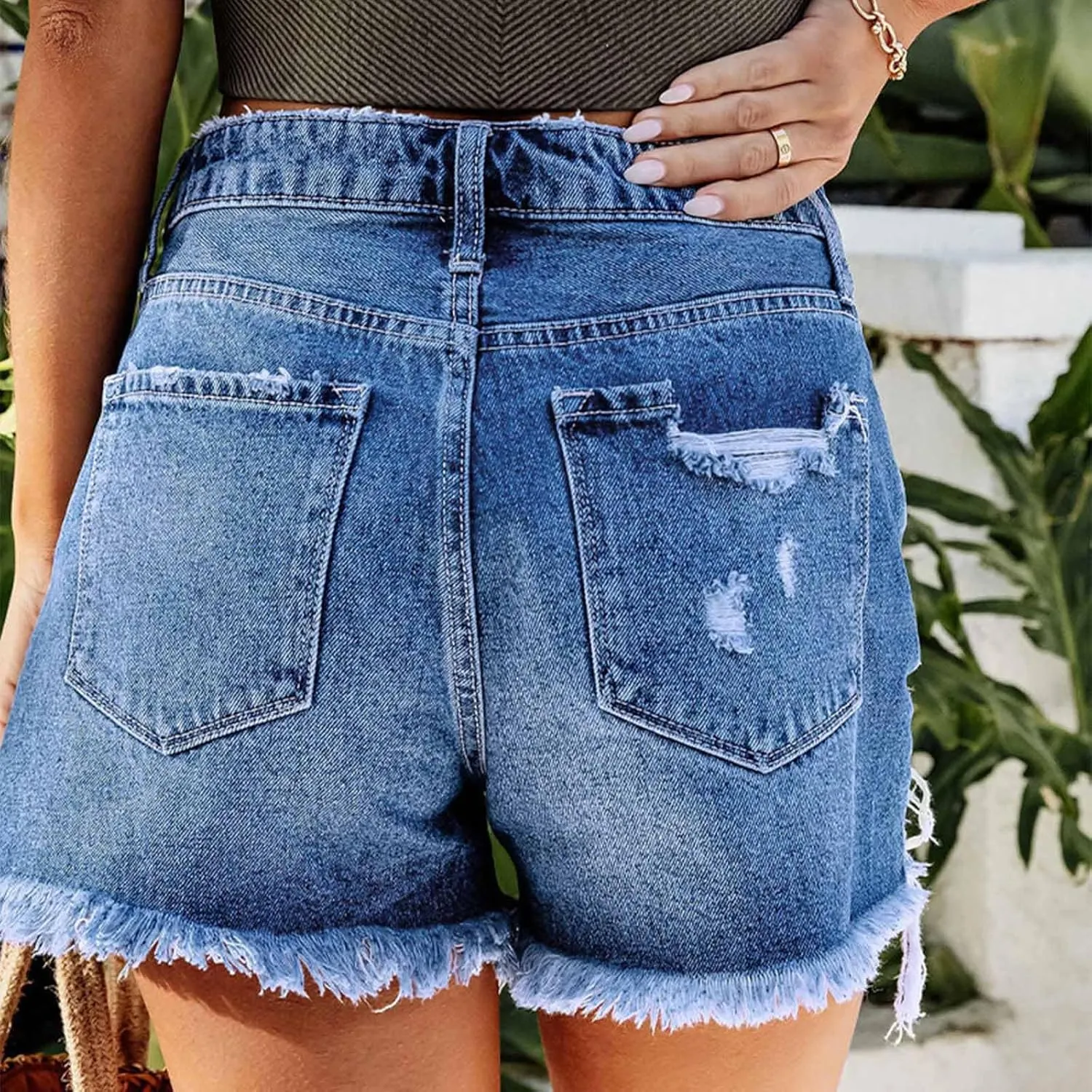 Summer Women High Waisted Jean Shorts Skinny Stretchy Denim Shorts Frayed Raw Hem Distressed Ripped Short Jeans