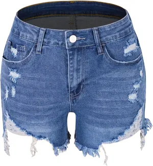 Summer Women High Waisted Jean Shorts Skinny Stretchy Denim Shorts Frayed Raw Hem Distressed Ripped Short Jeans