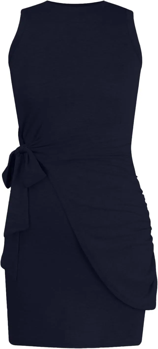 Sundresses for Women 2024 Summer Casual Sleeveless Wrap Beach Dress Ruched Tie Waist Mini Dress Vacation Tank Dresses