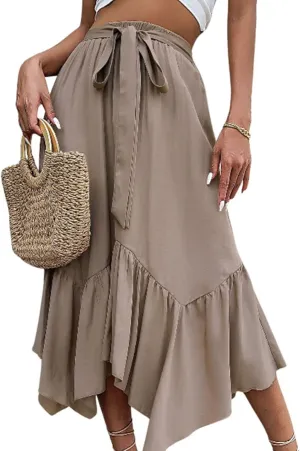 sysinside Women's High Elastic Waist Tie Front Pleated Asymmetrical Ruffled Hem Swing Midi Skirts