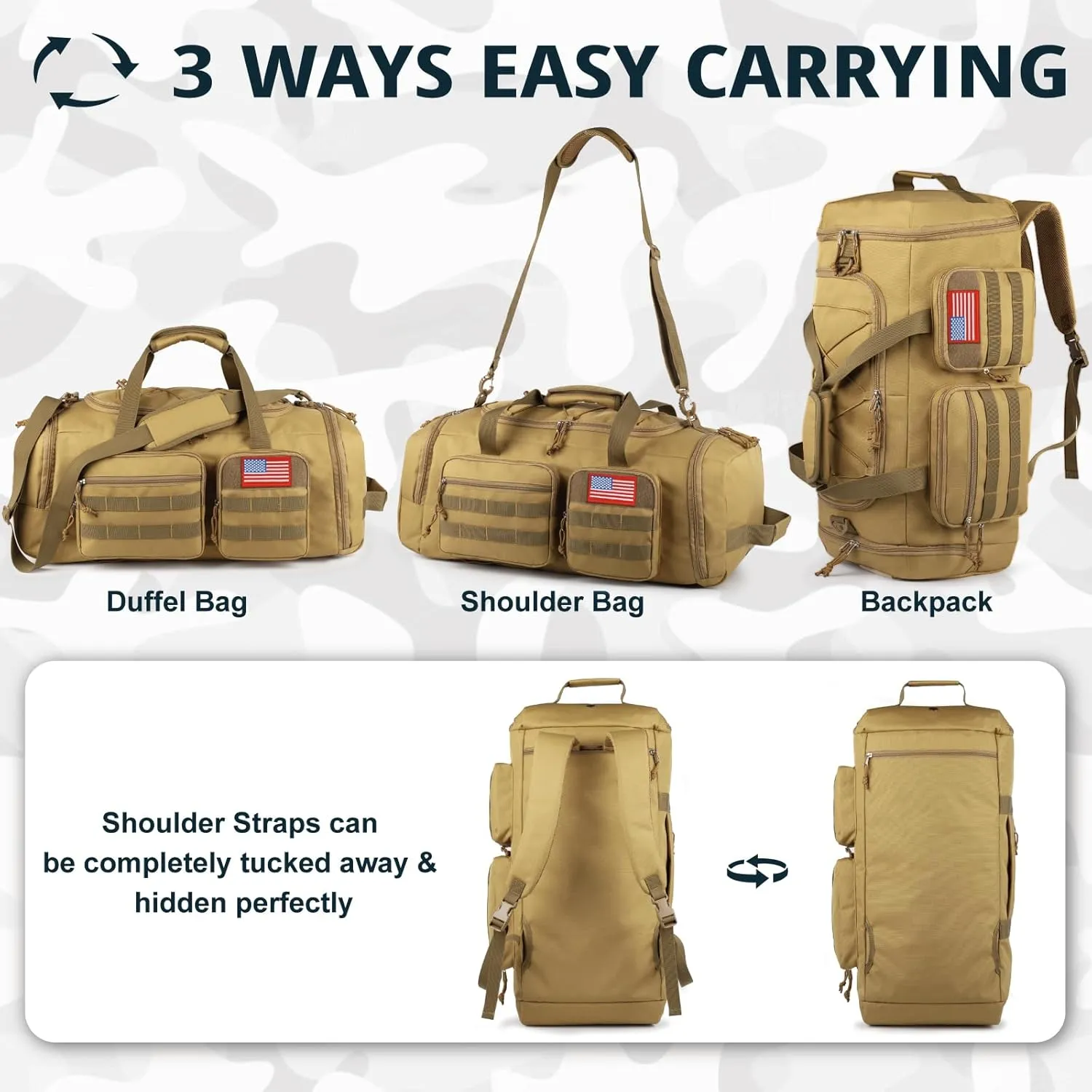 Tactical Gym Bag for Men with Toiletry Bag50L Large 3 in 1 Sports Duffle Bag with Shoes Compartment for Travel,Water Resistant Travel Backpack Weekender Overnight Bag with Wet Pocket for Women
