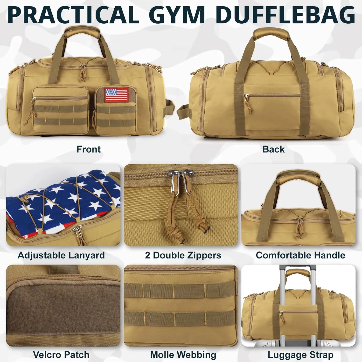 Tactical Gym Bag for Men with Toiletry Bag50L Large 3 in 1 Sports Duffle Bag with Shoes Compartment for Travel,Water Resistant Travel Backpack Weekender Overnight Bag with Wet Pocket for Women