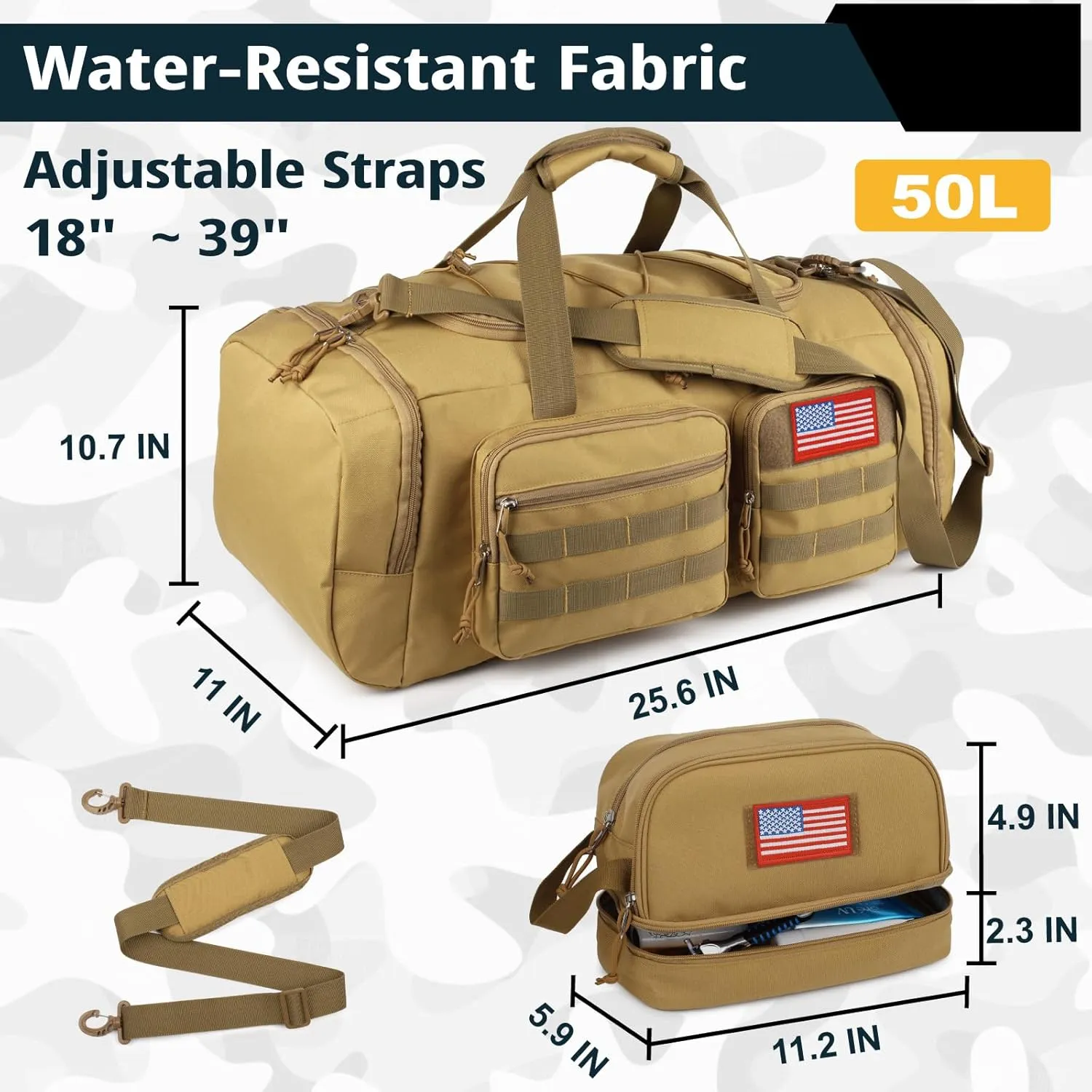Tactical Gym Bag for Men with Toiletry Bag50L Large 3 in 1 Sports Duffle Bag with Shoes Compartment for Travel,Water Resistant Travel Backpack Weekender Overnight Bag with Wet Pocket for Women
