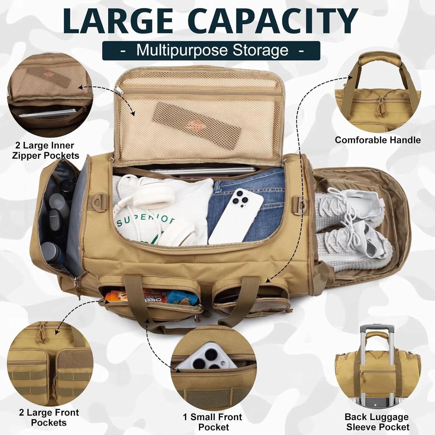 Tactical Gym Bag for Men with Toiletry Bag50L Large 3 in 1 Sports Duffle Bag with Shoes Compartment for Travel,Water Resistant Travel Backpack Weekender Overnight Bag with Wet Pocket for Women