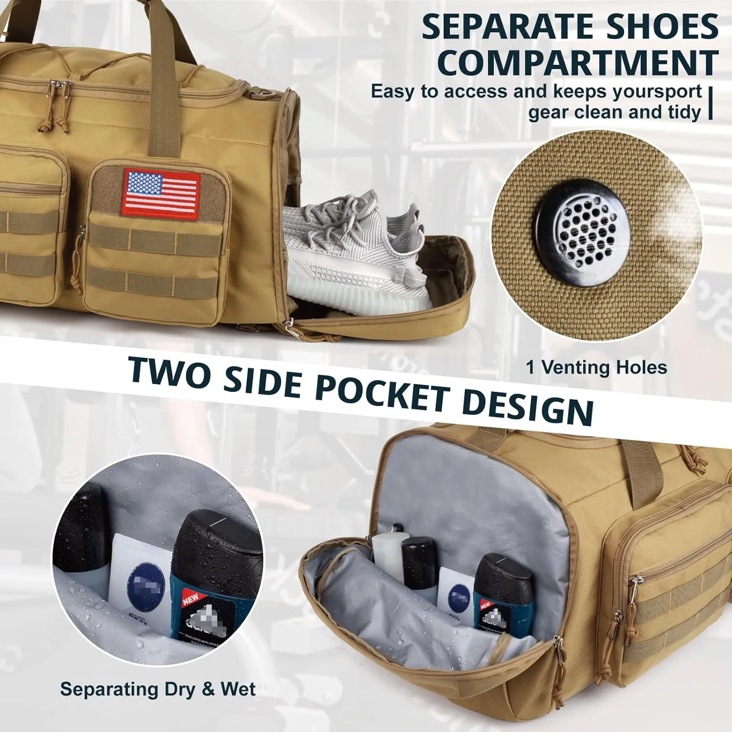 Tactical Gym Bag for Men with Toiletry Bag50L Large 3 in 1 Sports Duffle Bag with Shoes Compartment for Travel,Water Resistant Travel Backpack Weekender Overnight Bag with Wet Pocket for Women