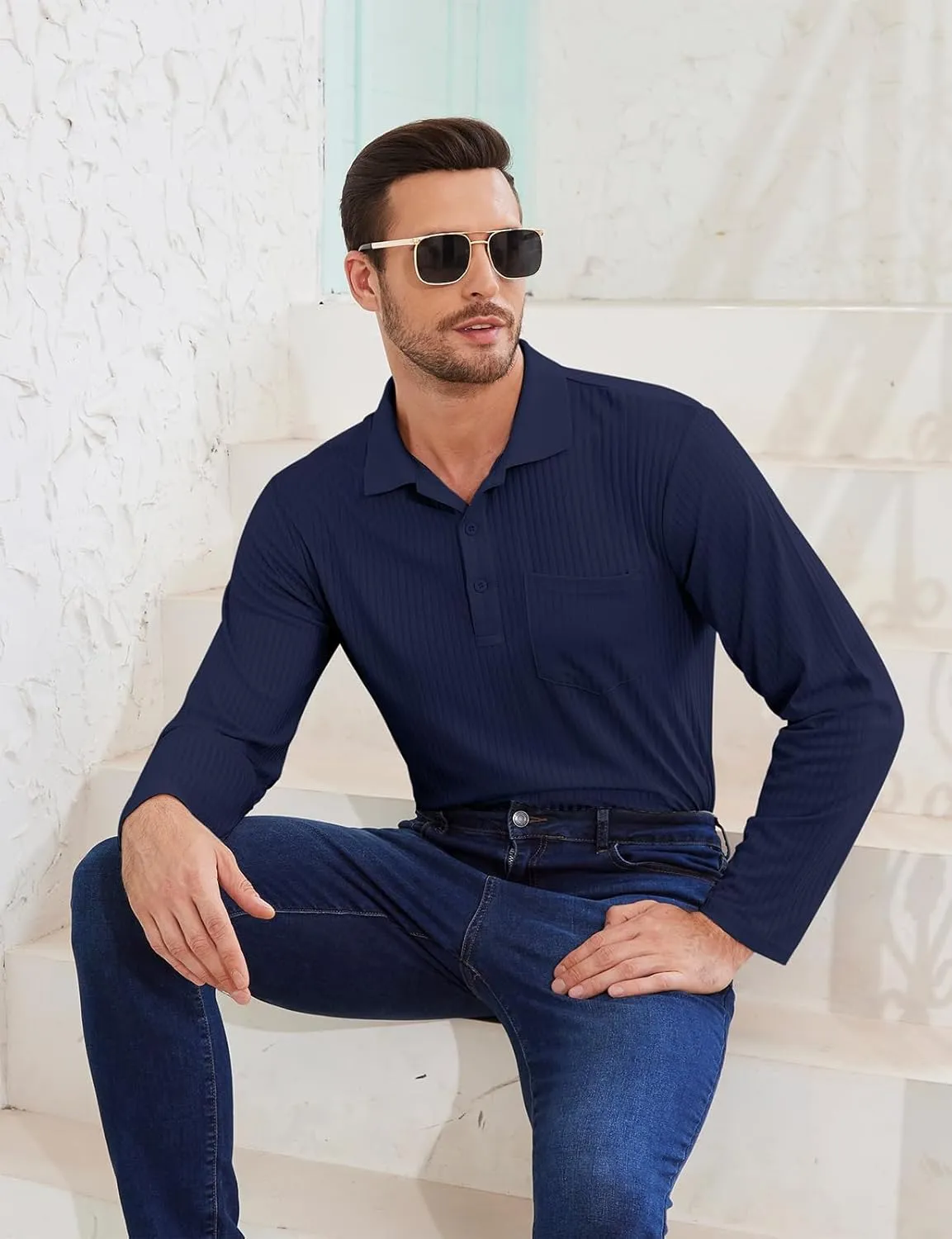 Tanst Sky Men's Polo Shirts Long Sleeve Collared V Neck Pocket Knit Tops Business Casual Golf Slim Fit Clothes