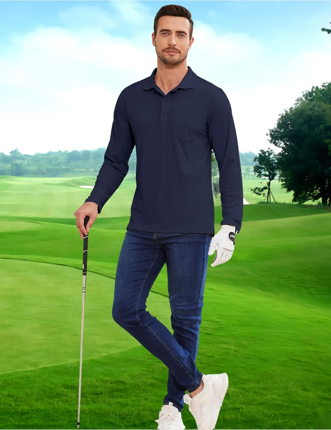 Tanst Sky Men's Polo Shirts Long Sleeve Collared V Neck Pocket Knit Tops Business Casual Golf Slim Fit Clothes