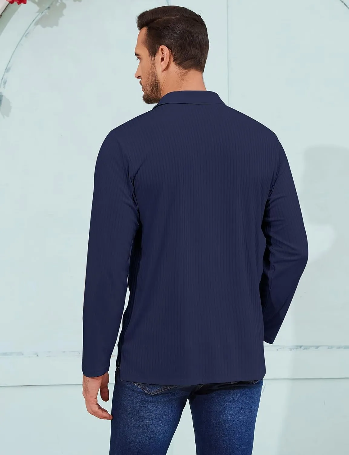 Tanst Sky Men's Polo Shirts Long Sleeve Collared V Neck Pocket Knit Tops Business Casual Golf Slim Fit Clothes