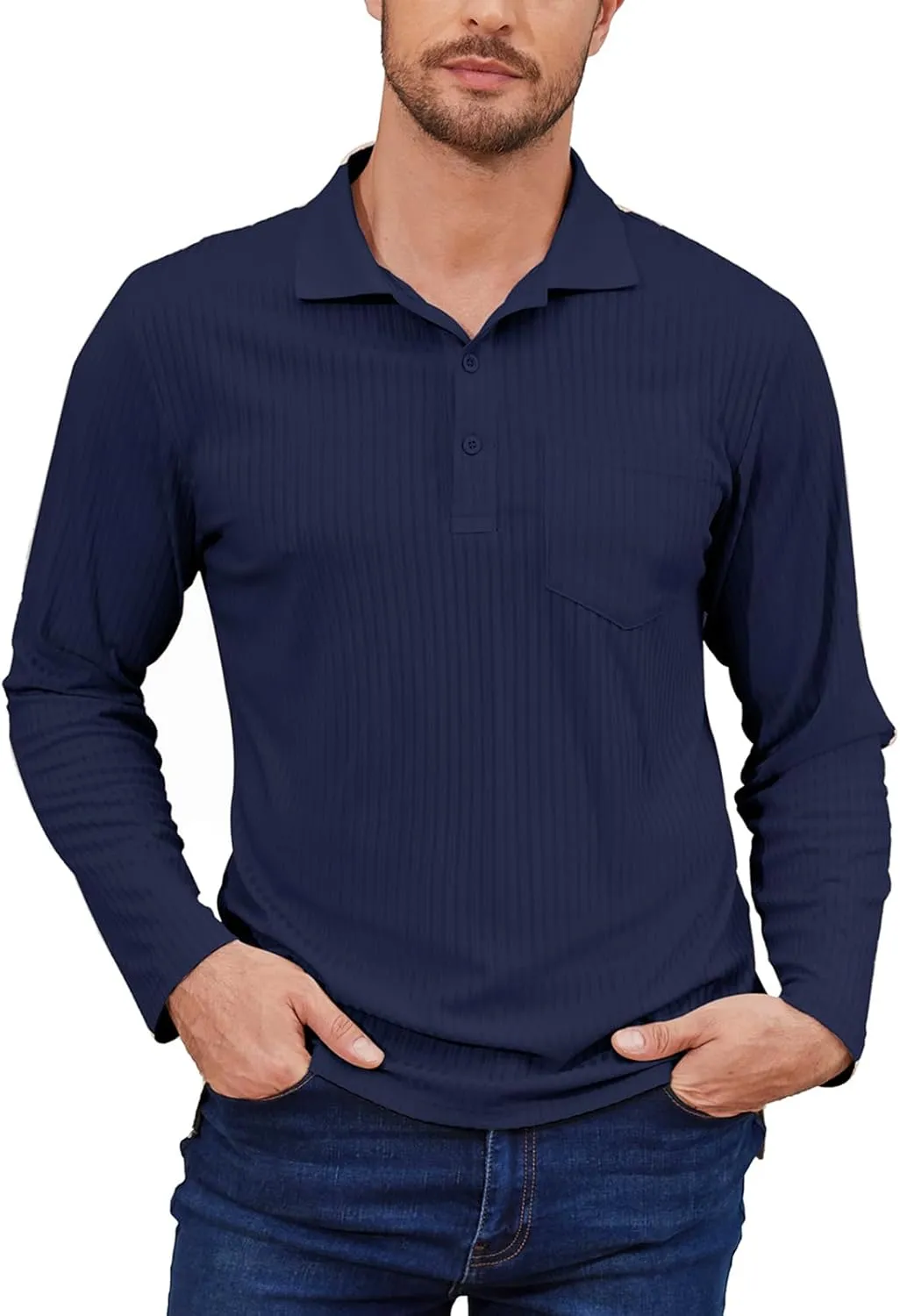 Tanst Sky Men's Polo Shirts Long Sleeve Collared V Neck Pocket Knit Tops Business Casual Golf Slim Fit Clothes