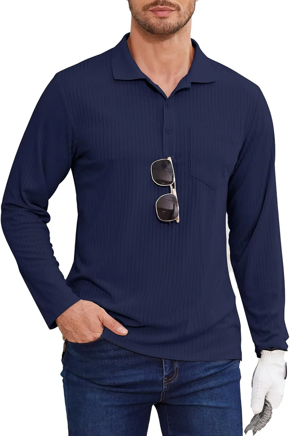 Tanst Sky Men's Polo Shirts Long Sleeve Collared V Neck Pocket Knit Tops Business Casual Golf Slim Fit Clothes