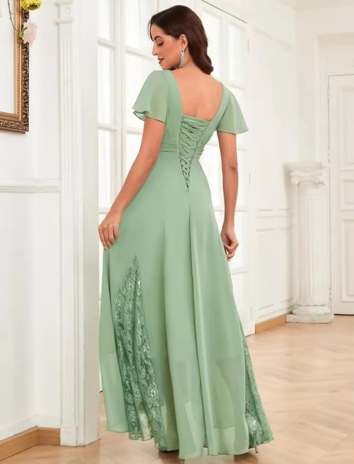 Tea Length Mother of The Bride Dresses Chiffon Ruched Evening Dress Lace A Line High Low Bridesmaid Dresses