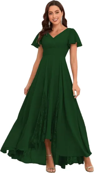 Tea Length Mother of The Bride Dresses Chiffon Ruched Evening Dress Lace A Line High Low Bridesmaid Dresses