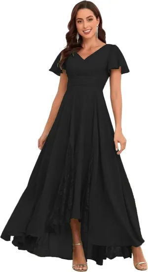 Tea Length Mother of The Bride Dresses Chiffon Ruched Evening Dress Lace A Line High Low Bridesmaid Dresses