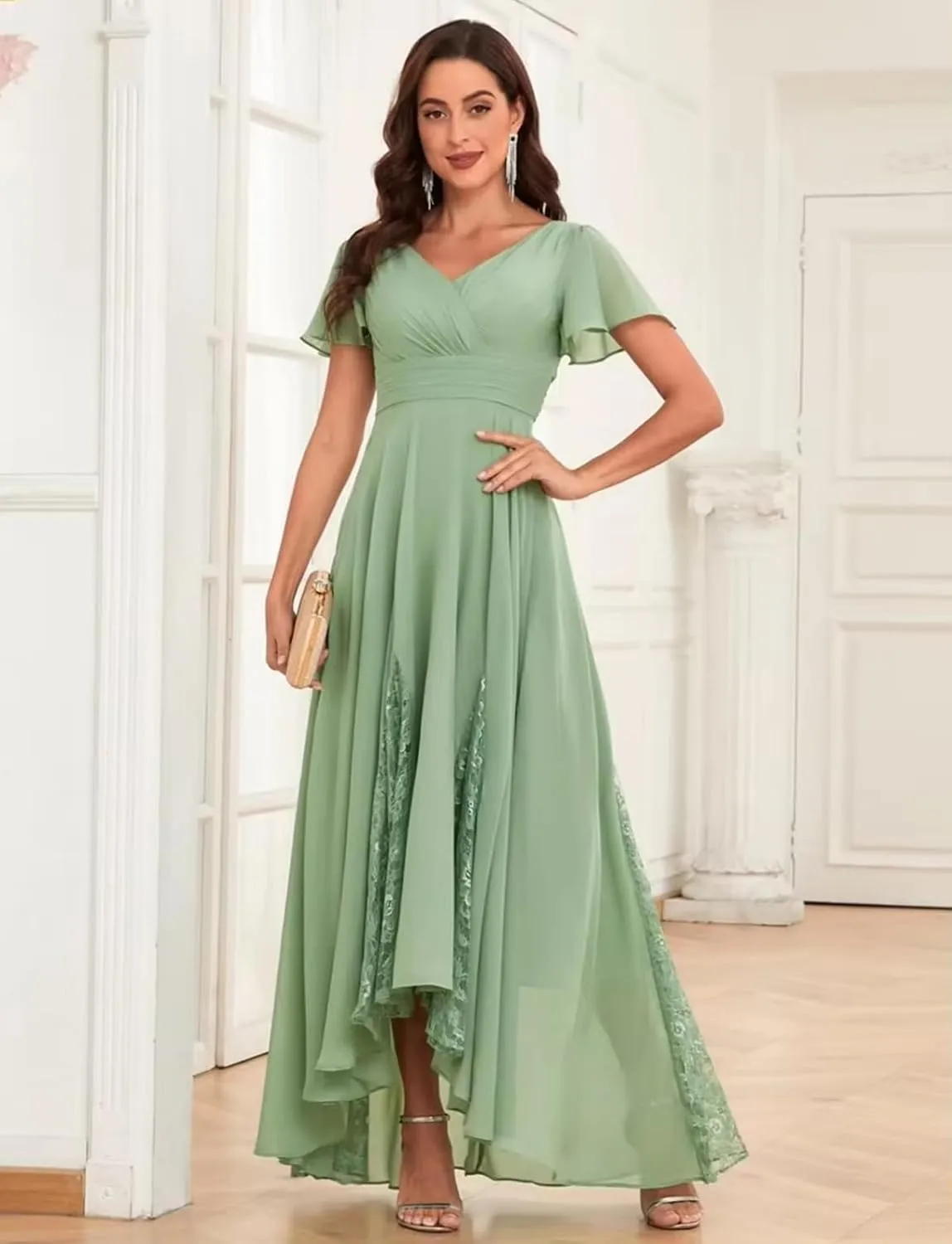 Tea Length Mother of The Bride Dresses Chiffon Ruched Evening Dress Lace A Line High Low Bridesmaid Dresses