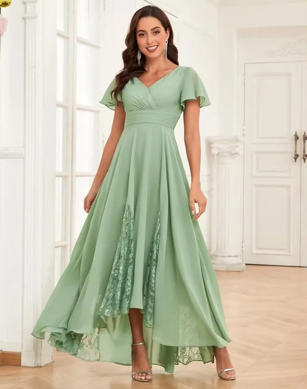 Tea Length Mother of The Bride Dresses Chiffon Ruched Evening Dress Lace A Line High Low Bridesmaid Dresses