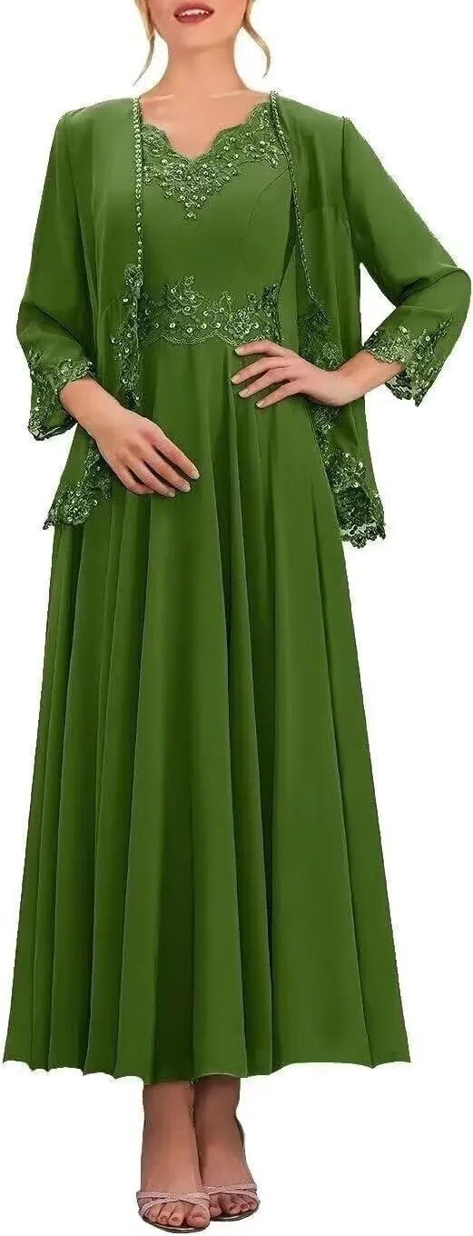 Tea Length Mother of The Bride Dresses for Wedding with Pockets Formal Dresses for Women 2 Pieces Evening Gown