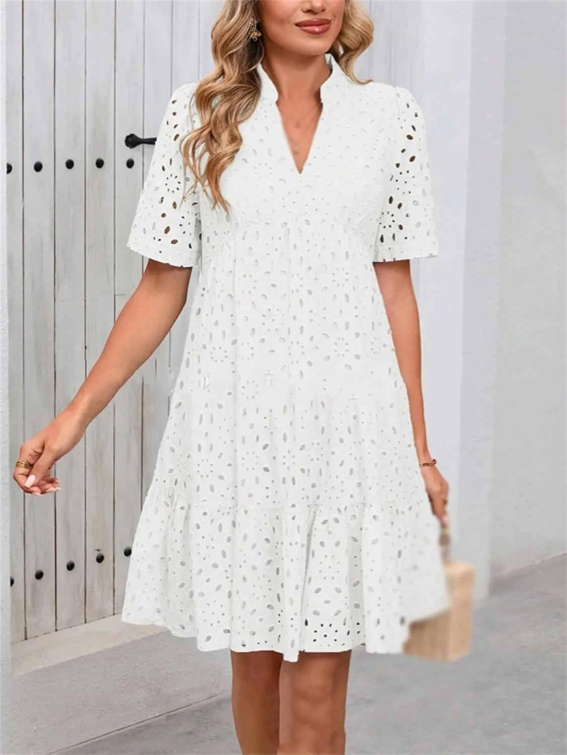 The Beauty North Eyelet Dress, Women's Elegant Hollow Out Lace Ruffle Casual Mini Dress, 2025 Pink Laura V Neck Sun Skirt